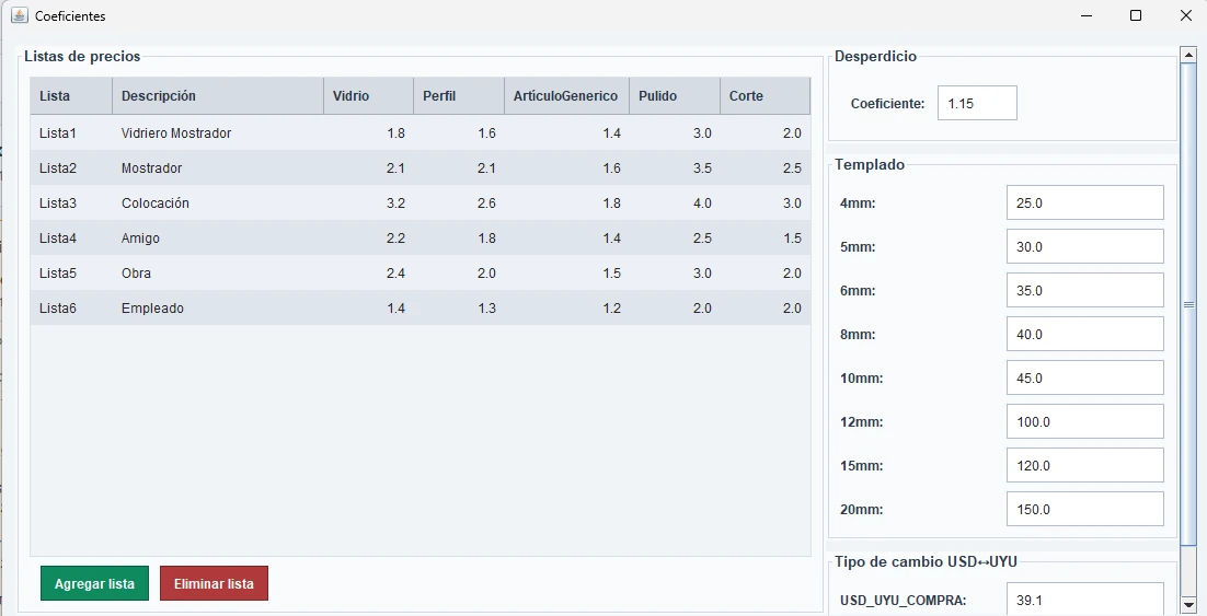 Configuración de listas de precios, coeficientes y desperdicio en Corexa
