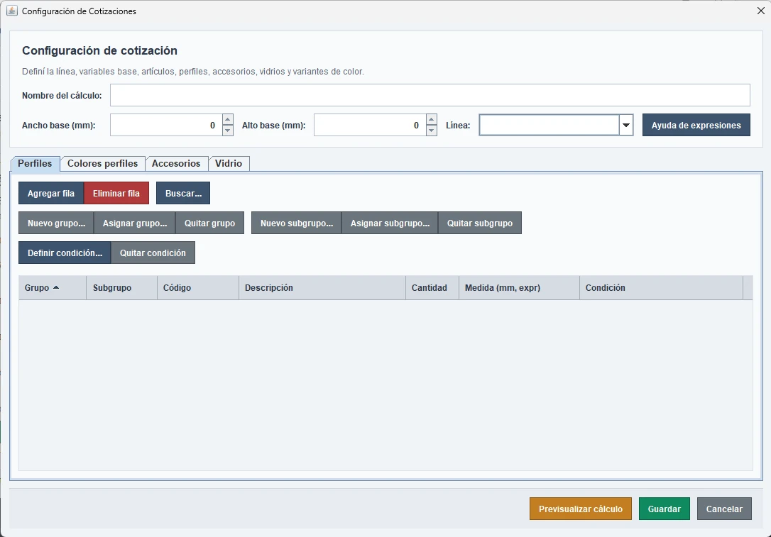 Configuración de cotizaciones, perfiles, accesorios y condiciones en Corexa