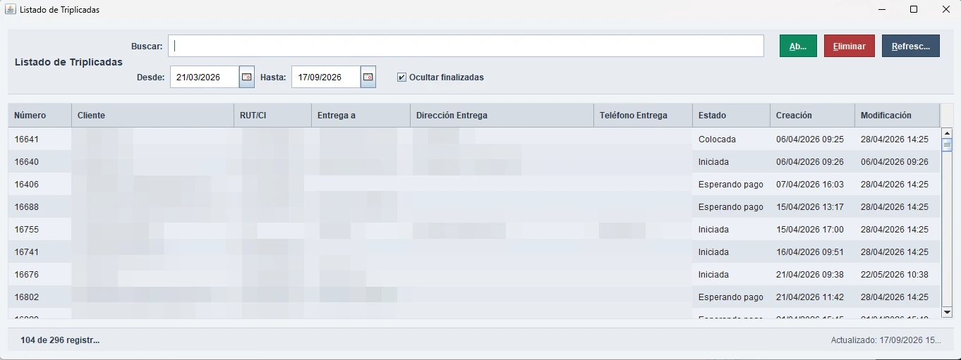 Listado de trabajos con estados y fechas en Corexa, con datos de clientes anonimizados